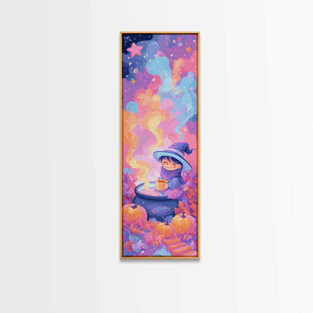 The Rainbow-Cauldron Witch, Retro Neon Halloween Art, Tall Narrow Wall Art, Framed Canvas Print, Retro Halloween Decor, Neon Wall Art