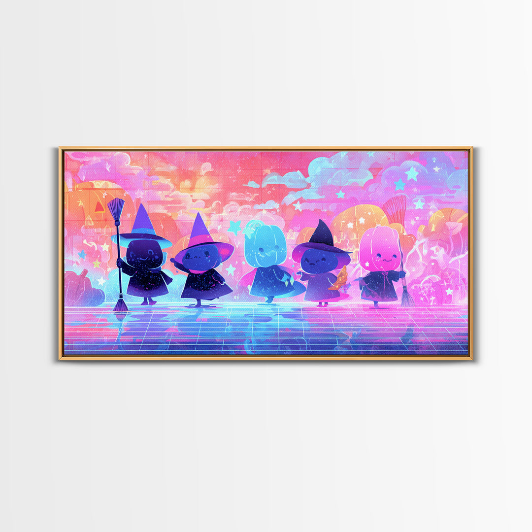 The Stardust Apprentice, Vaporwave Halloween Decor, Wide Panoramic Art, Canvas Print, Retro Halloween Decor, Neon Wall Art