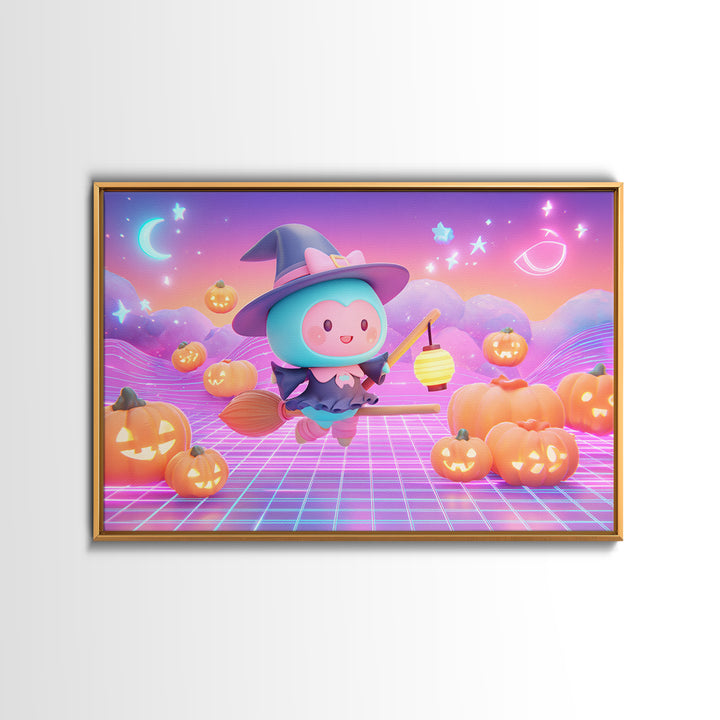 The Broomstick Riding Lesson, Synthwave Halloween Art, Landscape Wall Art, Canvas Print, Retro Halloween Decor, Neon Wall Art