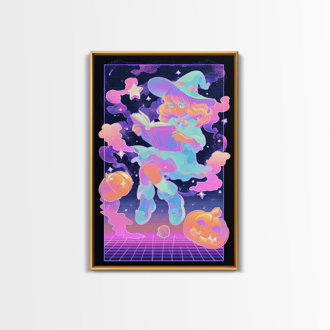 The Spellbook Sleepover, Synthwave Halloween Art, Vertical Wall Art, Canvas Print, Retro Halloween Decor, Neon Wall Art
