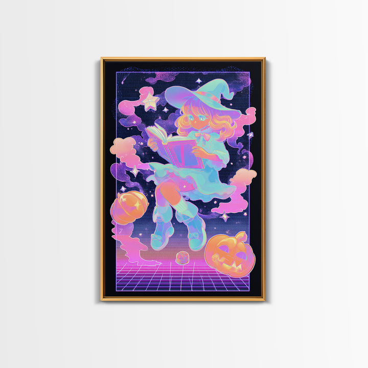 The Spellbook Sleepover, Synthwave Halloween Art, Vertical Wall Art, Canvas Print, Retro Halloween Decor, Neon Wall Art