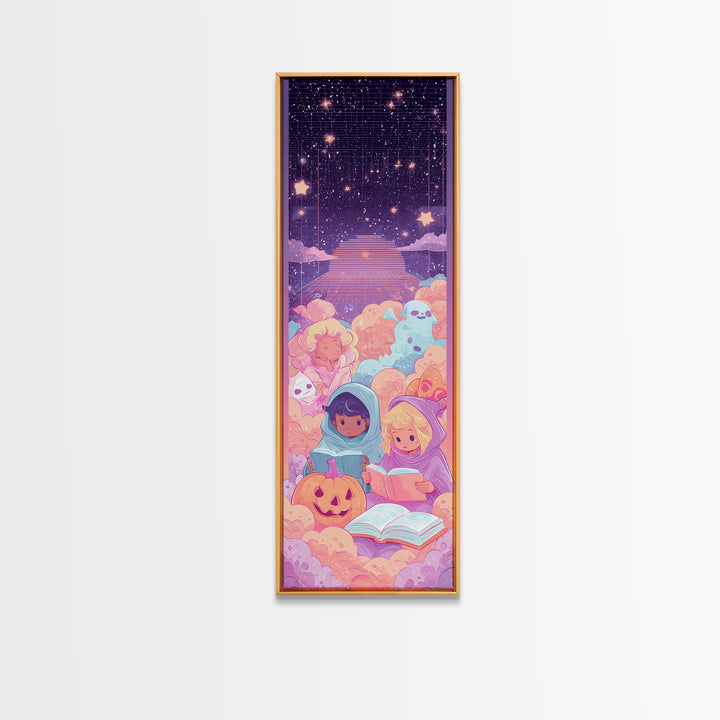 The Spellbook Sleepover, 80s Halloween Wall Art, Tall Narrow Wall Art, Canvas Print, Retro Halloween Decor, Neon Wall Art, Macabre Wall Art