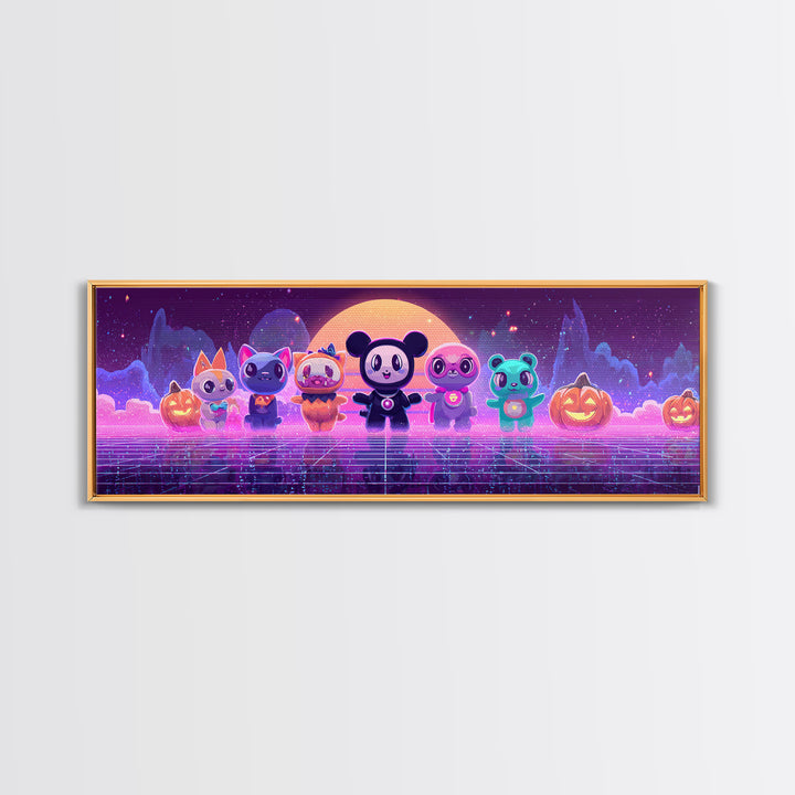 The Friendly Familiar Club, Cute Spooky Neon Art, Extra Wide Wall Art, Canvas Print, Retro Halloween Decor, Neon Wall Art