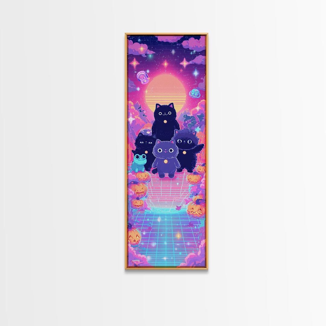 The Friendly Familiar Club, Vaporwave Halloween Decor, Tall Narrow Wall Art, Canvas Print, Retro Halloween Decor, Neon Wall Art