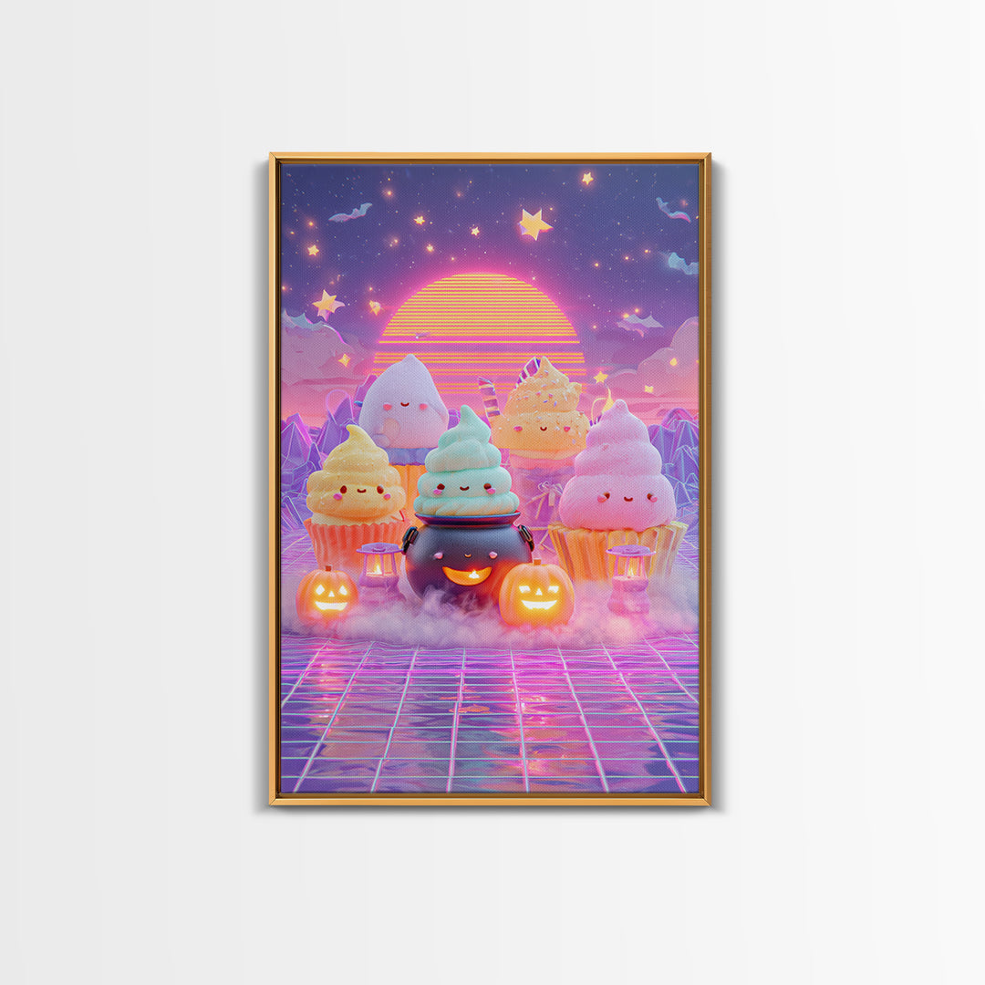 The Cupcake Cauldron Class, Vaporwave Halloween Decor, Vertical Wall Art, Canvas Print, Retro Halloween Decor, Neon Wall Art