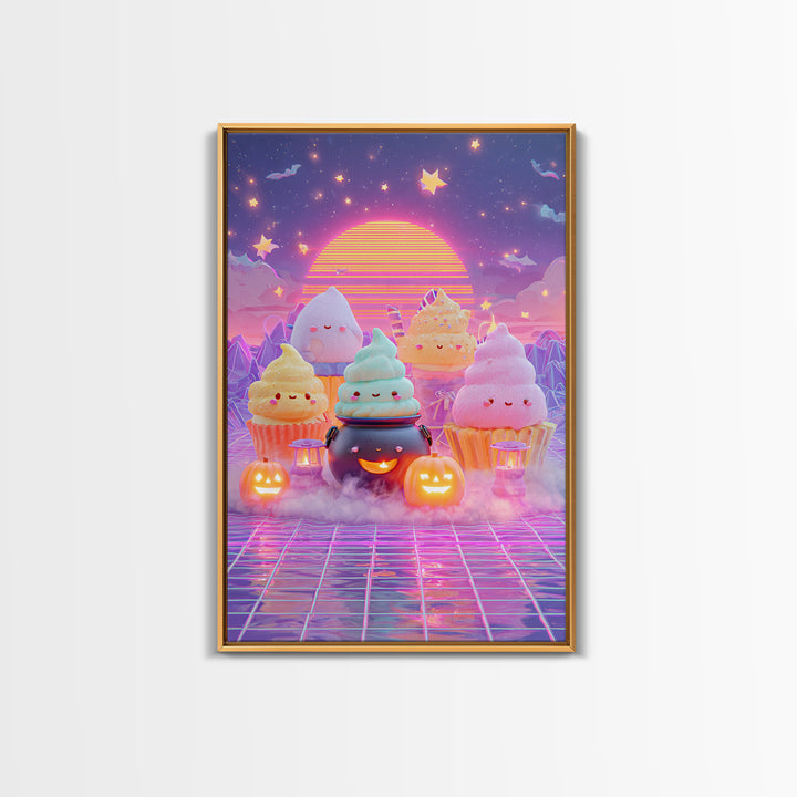 The Cupcake Cauldron Class, Vaporwave Halloween Decor, Vertical Wall Art, Canvas Print, Retro Halloween Decor, Neon Wall Art