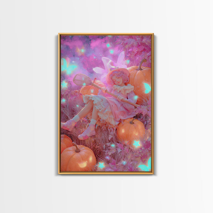 The Cloud-Catching Wizard, Retro Neon Halloween Art, Vertical Wall Art, Canvas Print, Retro Halloween Decor, Neon Wall Art