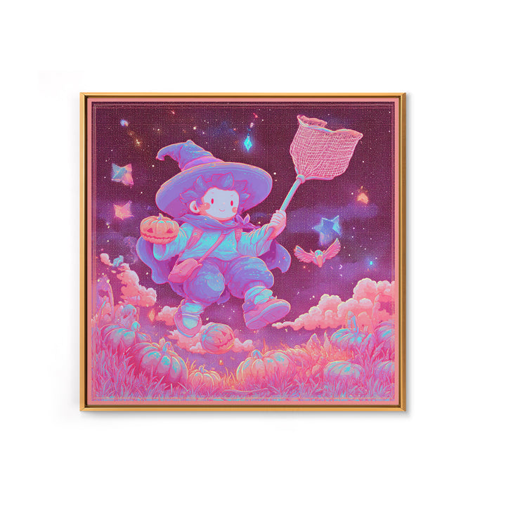 The Cloud-Catching Wizard, Retro Neon Halloween Art, Square Wall Art, Canvas Print, Retro Halloween Decor, Neon Wall Art, Horror Wall Art