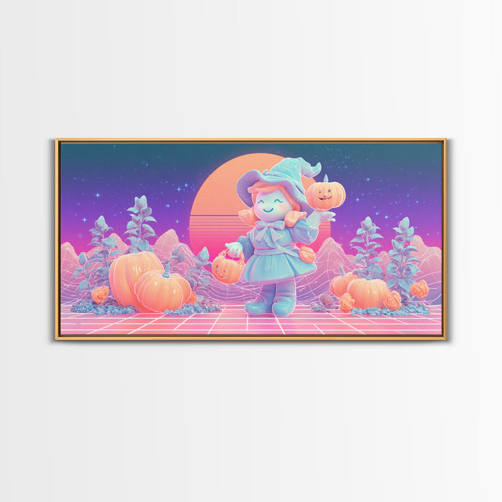 The Moon Garden Witch, Synthwave Halloween Art, Wide Panoramic Art, Framed Canvas Print, Retro Halloween Decor, Neon Wall Art