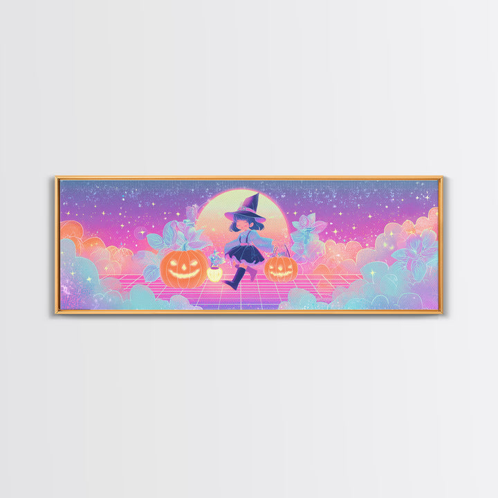 The Moon Garden Witch, 80s Halloween Wall Art, Extra Wide Wall Art, Framed Canvas Print, Retro Halloween Decor, Neon Wall Art