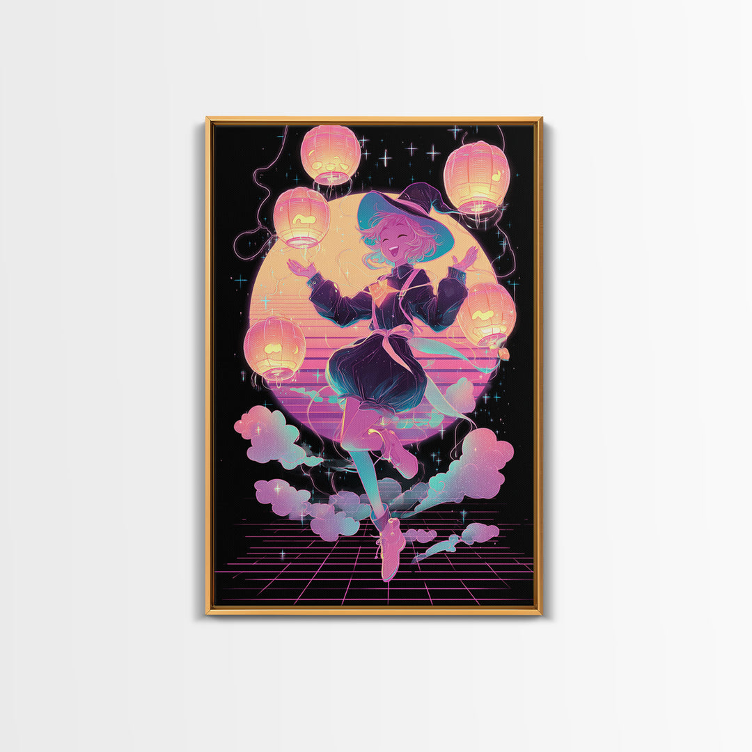 The Lantern-Light Wizard, Cute Spooky Neon Art, Vertical Wall Art, Framed Canvas Print, Retro Halloween Decor, Neon Wall Art