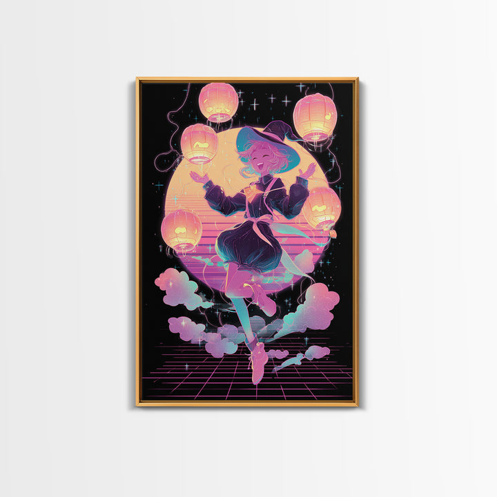 The Lantern-Light Wizard, Cute Spooky Neon Art, Vertical Wall Art, Framed Canvas Print, Retro Halloween Decor, Neon Wall Art