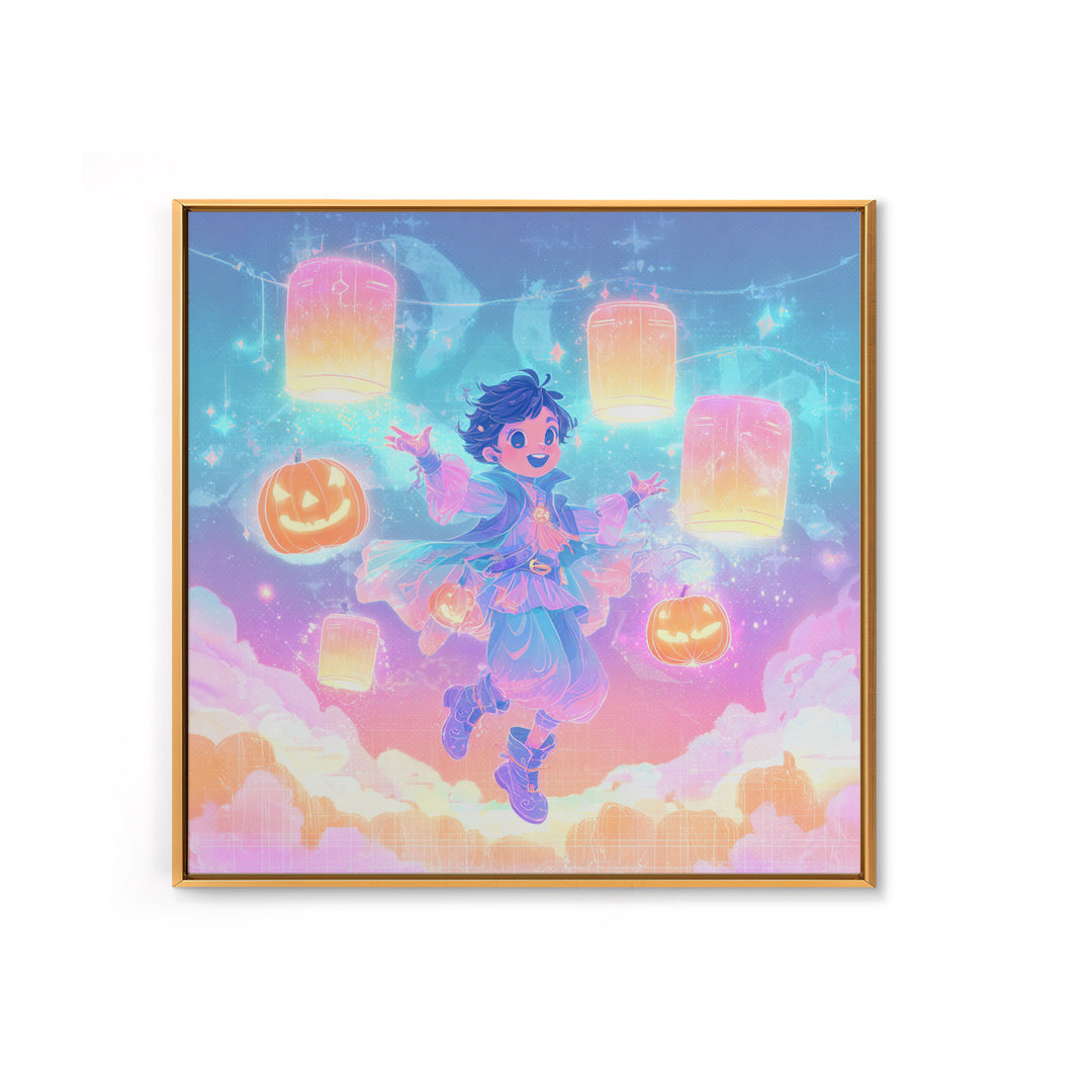 The Lantern-Light Wizard, Synthwave Halloween Art, Square Wall Art, Framed Canvas Print, Retro Halloween Decor, Neon Wall Art