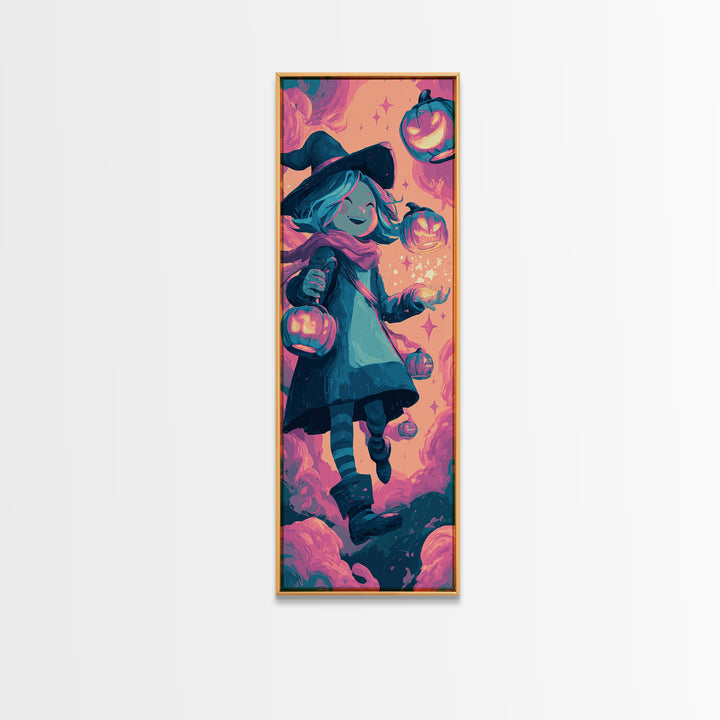 The Lantern-Light Wizard, 80s Halloween Wall Art, Tall Narrow Wall Art, Framed Canvas Print, Retro Halloween Decor, Neon Wall Art