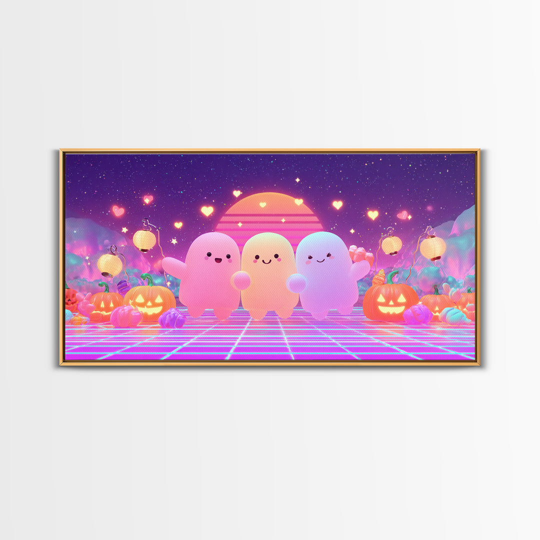 The Halloween Friendship Spell, 80s Halloween Wall Art, Wide Panoramic Art, Canvas Print, Retro Halloween Decor, Neon Wall Art