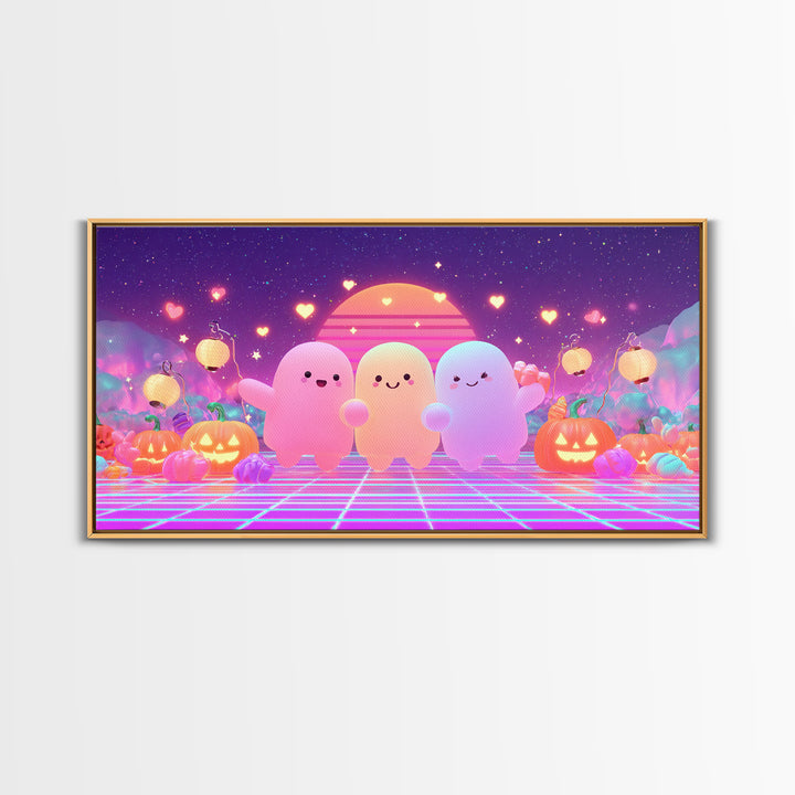 The Halloween Friendship Spell, 80s Halloween Wall Art, Wide Panoramic Art, Canvas Print, Retro Halloween Decor, Neon Wall Art