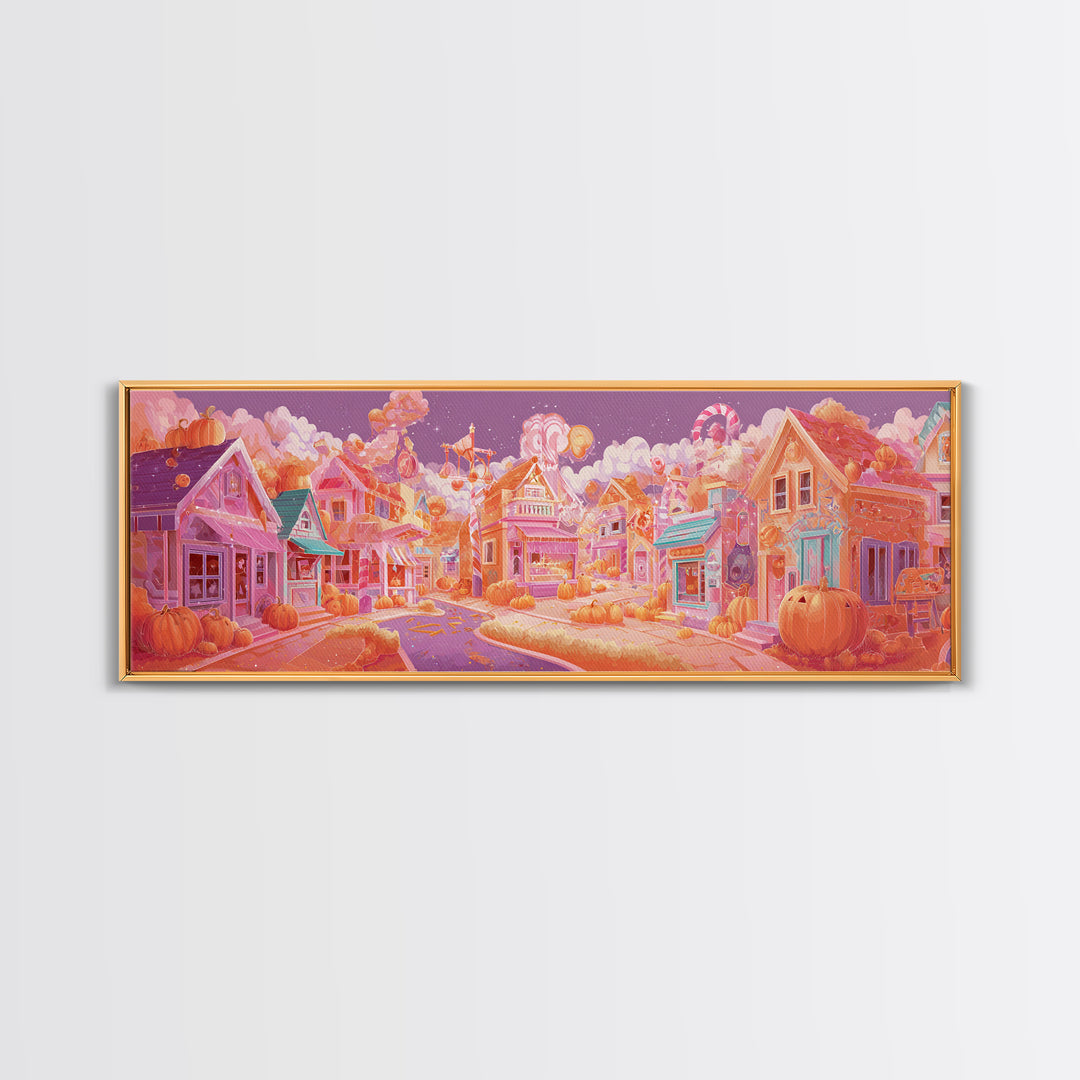 Candy Corn Village, Retro Neon Halloween Art, Extra Wide Wall Art, Canvas Print, Retro Halloween Decor, Neon Wall Art, Statement Wall Art