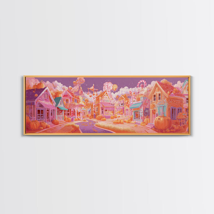 Candy Corn Village, Retro Neon Halloween Art, Extra Wide Wall Art, Canvas Print, Retro Halloween Decor, Neon Wall Art, Statement Wall Art