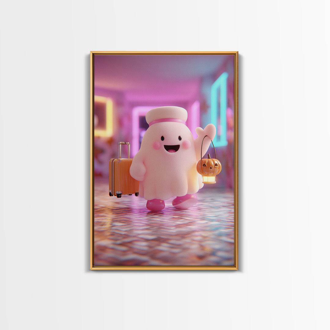 The Friendly Ghost Hotel, Retro Neon Halloween Art, Vertical Wall Art, Canvas Print, Retro Halloween Decor, Neon Wall Art, Horror Wall Art