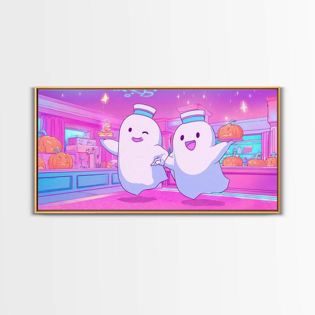 The Friendly Ghost Hotel, Cute Spooky Neon Art, Wide Panoramic Art, Framed Canvas Print, Retro Halloween Decor, Neon Wall Art