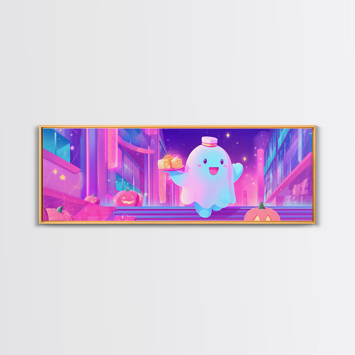 The Friendly Ghost Hotel, Cute Spooky Neon Art, Extra Wide Wall Art, Canvas Print, Retro Halloween Decor, Neon Wall Art, Dark Fantasy Art