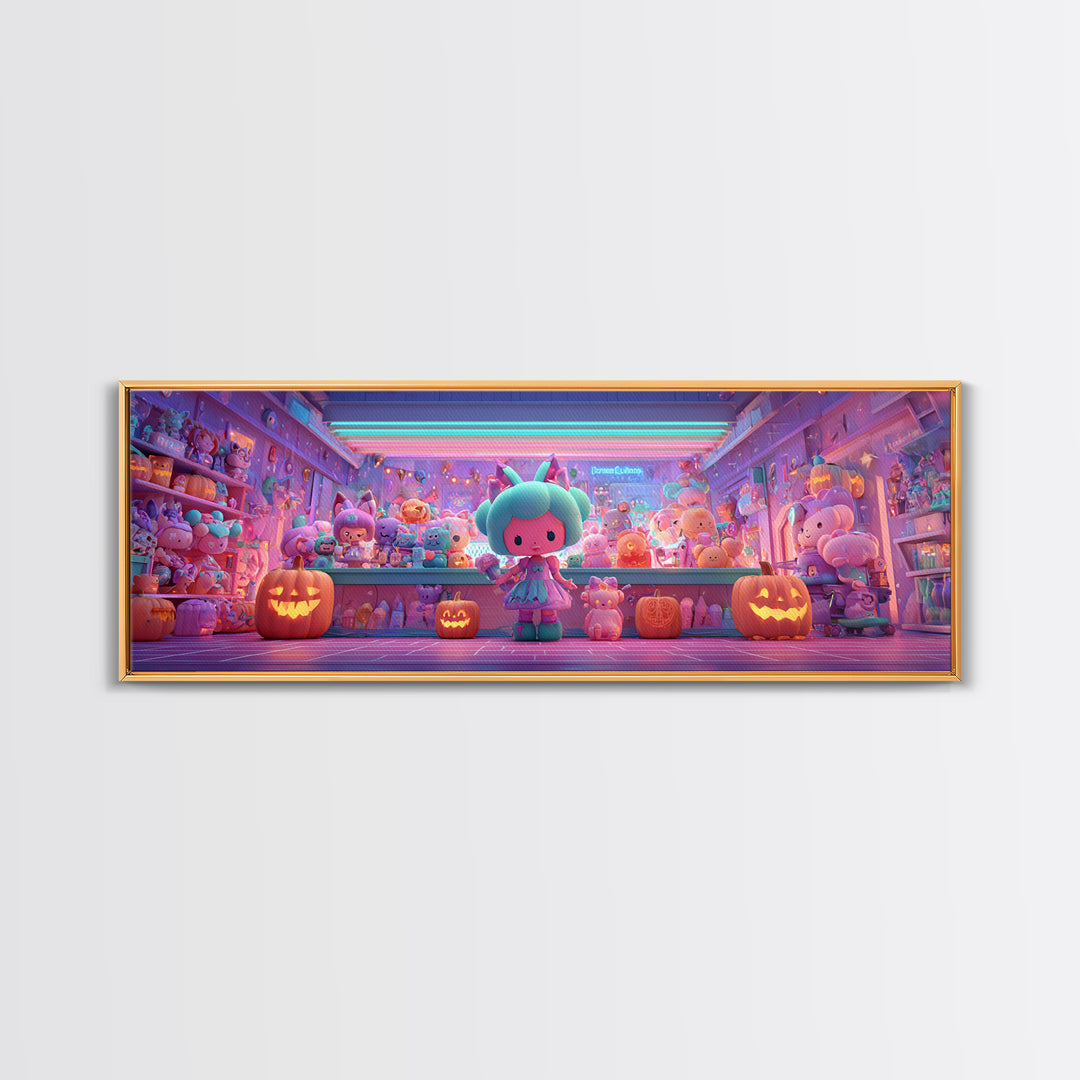 The Moonlight Toy Shop, Cute Spooky Neon Art, Extra Wide Wall Art, Canvas Print, Retro Halloween Decor, Neon Wall Art, Statement Wall Art