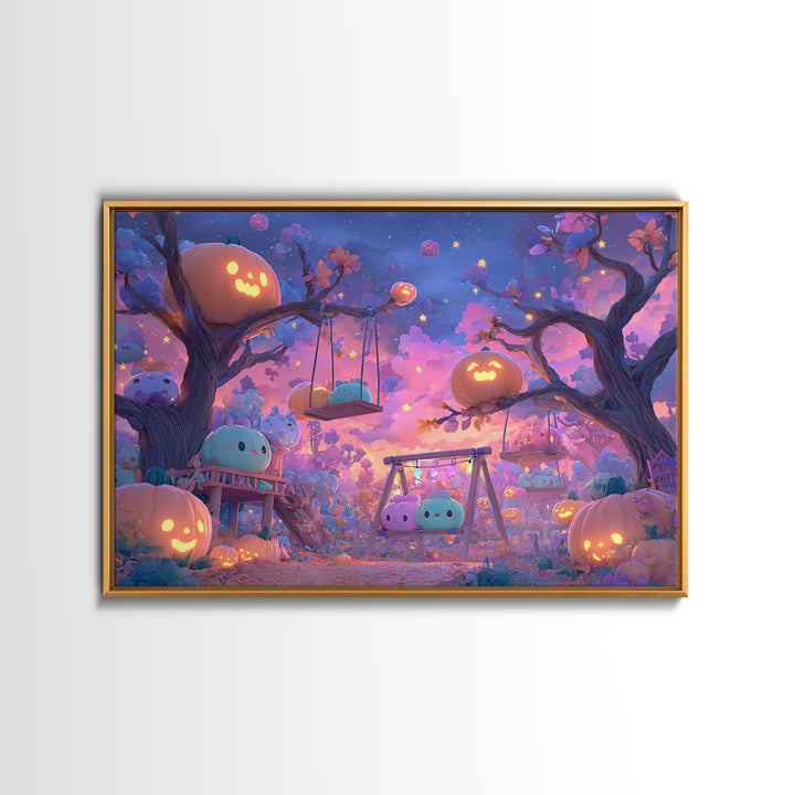 The Pumpkin Patch Playground, Synthwave Halloween Art, Landscape Wall Art, Canvas Print, Retro Halloween Decor, Neon Wall Art