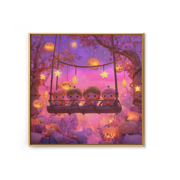 The Pumpkin Patch Playground, Retro Neon Halloween Art, Square Wall Art, Canvas Print, Retro Halloween Decor, Neon Wall Art
