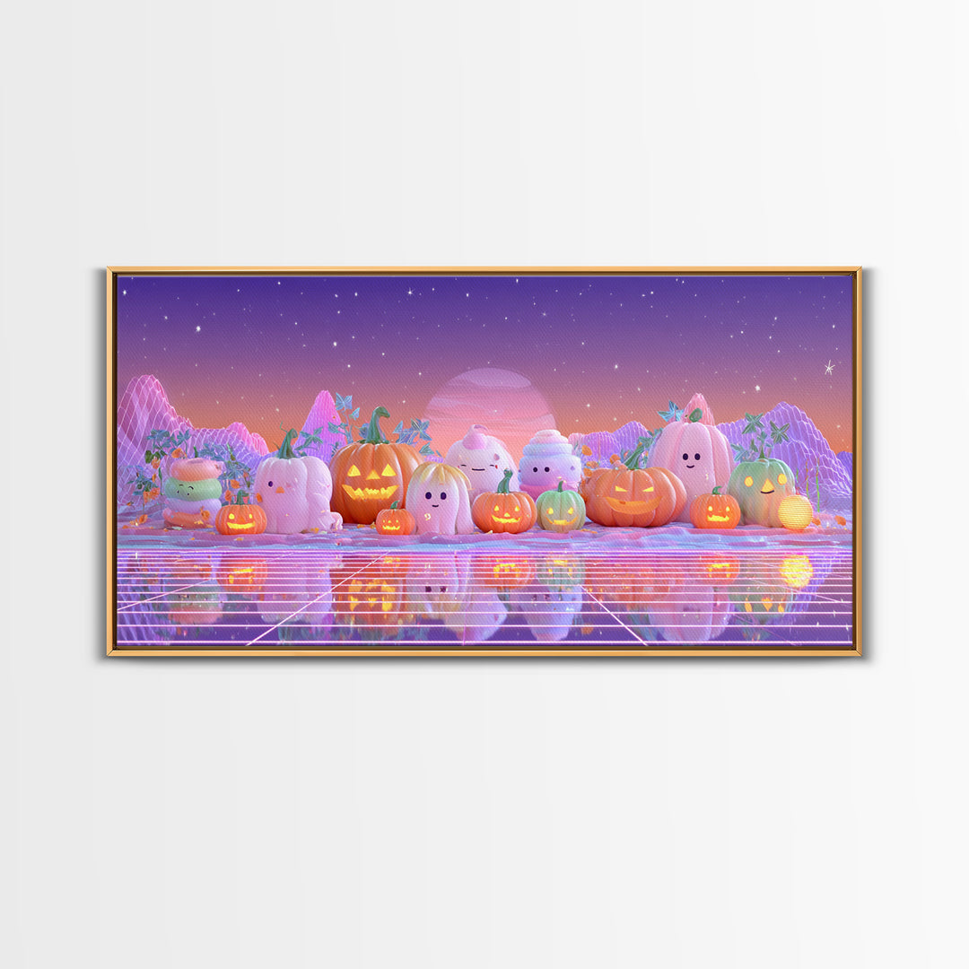 The Pumpkin Patch Playground, Vaporwave Halloween Decor, Wide Panoramic Art, Framed Canvas Print, Retro Halloween Decor, Neon Wall Art