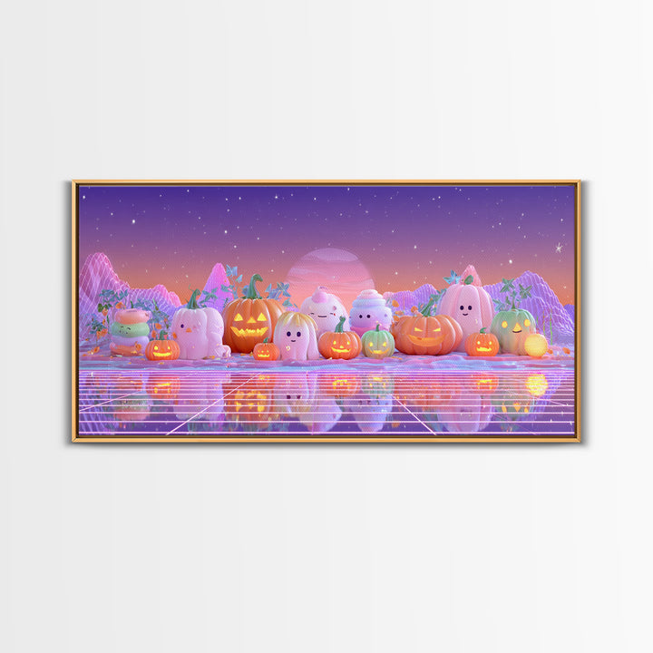 The Pumpkin Patch Playground, Vaporwave Halloween Decor, Wide Panoramic Art, Framed Canvas Print, Retro Halloween Decor, Neon Wall Art