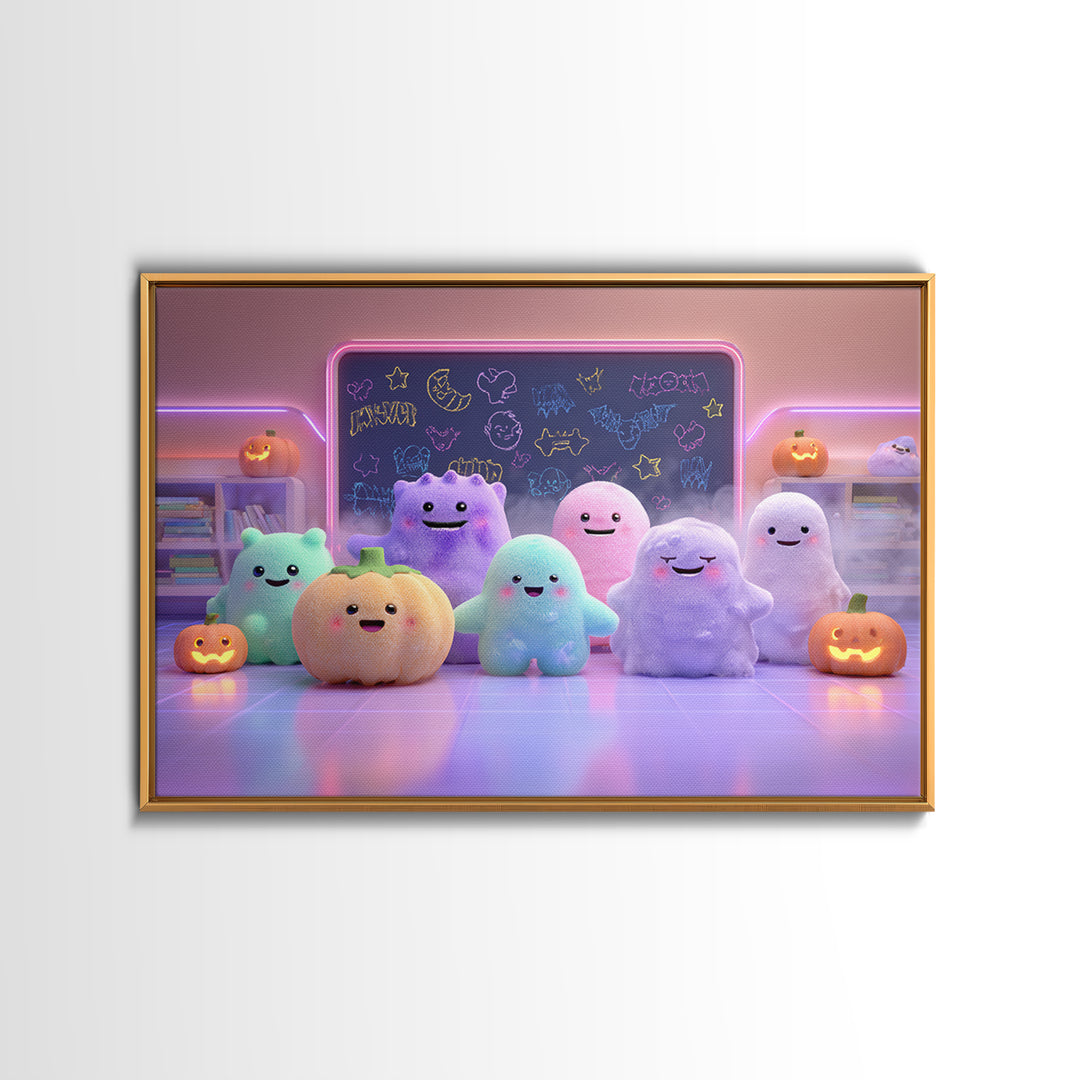 The Little Monster School, Cute Spooky Neon Art, Landscape Wall Art, Framed Canvas Print, Retro Halloween Decor, Neon Wall Art