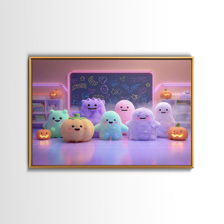 The Little Monster School, Cute Spooky Neon Art, Landscape Wall Art, Framed Canvas Print, Retro Halloween Decor, Neon Wall Art