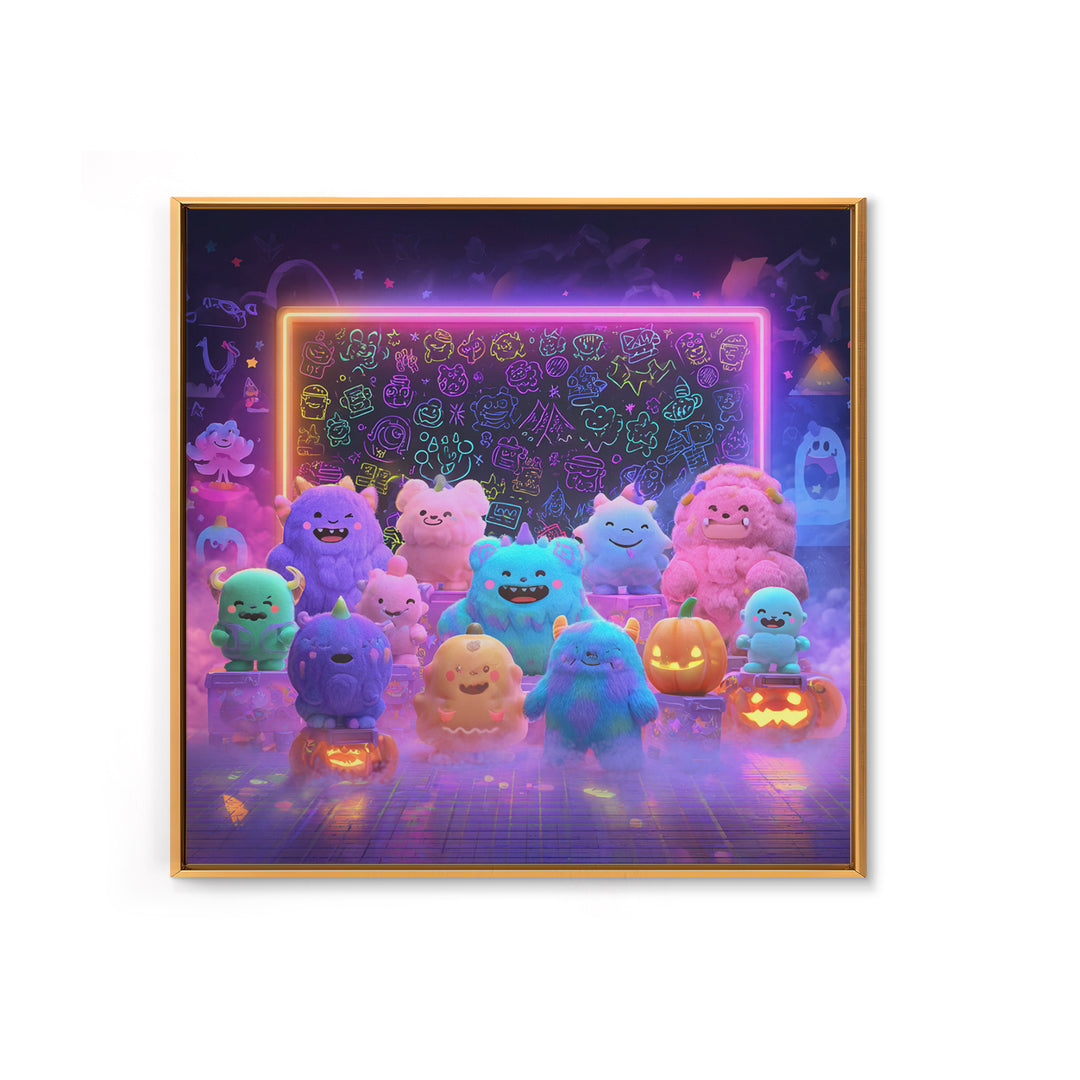 The Little Monster School, Synthwave Halloween Art, Square Wall Art, Canvas Print, Retro Halloween Decor, Neon Wall Art, Seasonal Home Decor