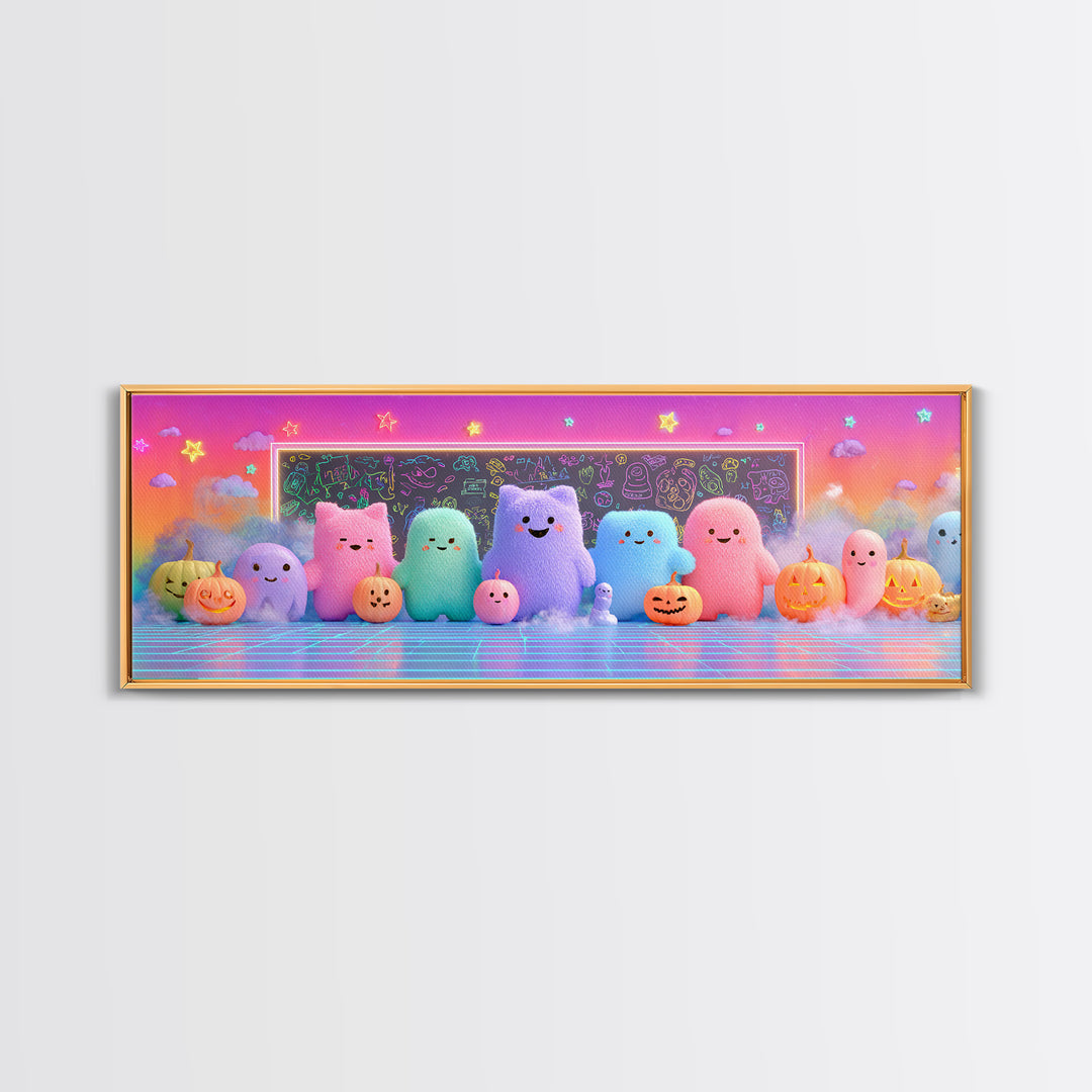The Little Monster School, Retro Neon Halloween Art, Extra Wide Wall Art, Canvas Print, Retro Halloween Decor, Neon Wall Art