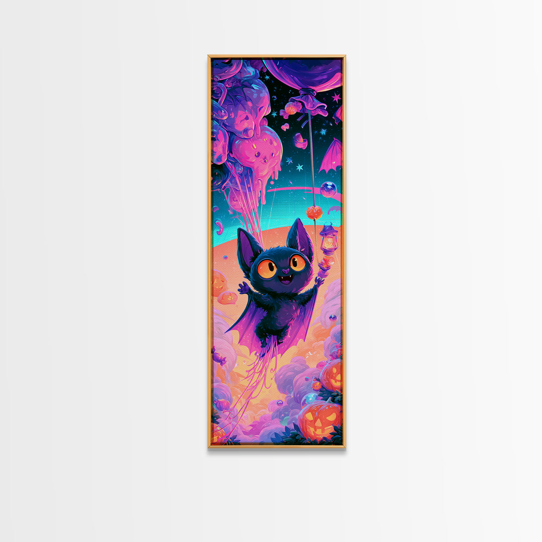The Bat Balloon Factory, Cute Spooky Neon Art, Tall Narrow Wall Art, Canvas Print, Retro Halloween Decor, Neon Wall Art, Macabre Wall Art