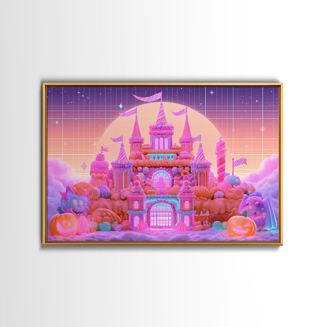The Candy Castle, Retro Neon Halloween Art, Landscape Wall Art, Framed Canvas Print, Retro Halloween Decor, Neon Wall Art