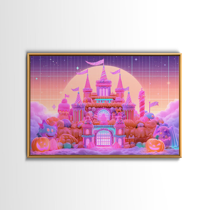 The Candy Castle, Retro Neon Halloween Art, Landscape Wall Art, Framed Canvas Print, Retro Halloween Decor, Neon Wall Art