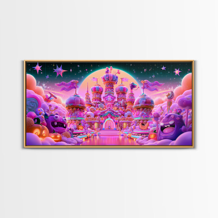 The Candy Castle, Vaporwave Halloween Decor, Wide Panoramic Art, Canvas Print, Retro Halloween Decor, Neon Wall Art, Horror Wall Art