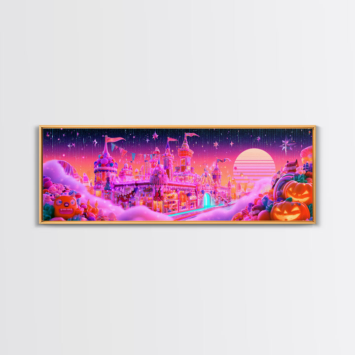 The Candy Castle, Vaporwave Halloween Decor, Extra Wide Wall Art, Canvas Print, Retro Halloween Decor, Neon Wall Art, Spooky Wall Decor