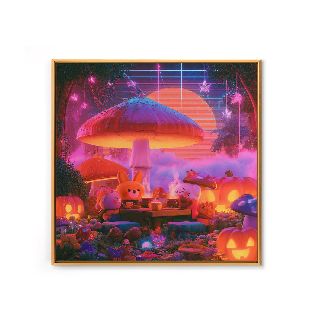 The Friendly Forest Cafe, Synthwave Halloween Art, Square Wall Art, Canvas Print, Retro Halloween Decor, Neon Wall Art, Dark Fantasy Art