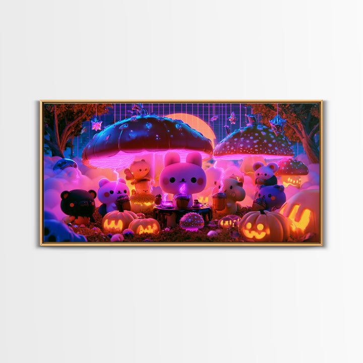 The Friendly Forest Cafe, Retro Neon Halloween Art, Wide Panoramic Art, Framed Canvas Print, Retro Halloween Decor, Neon Wall Art
