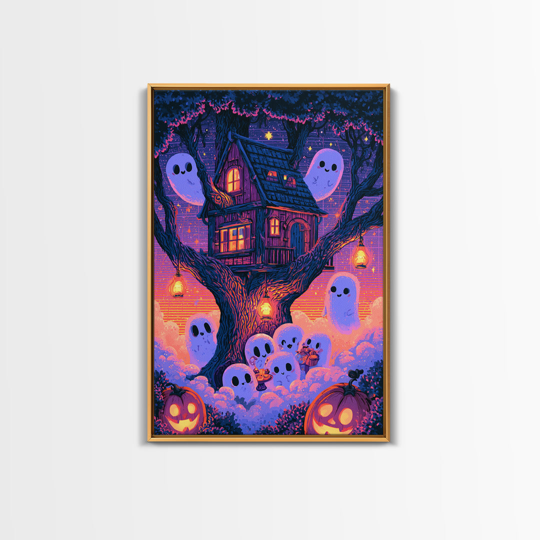 The Ghostly Treehouse, Vaporwave Halloween Decor, Vertical Wall Art, Canvas Print, Retro Halloween Decor, Neon Wall Art, Statement Wall Art