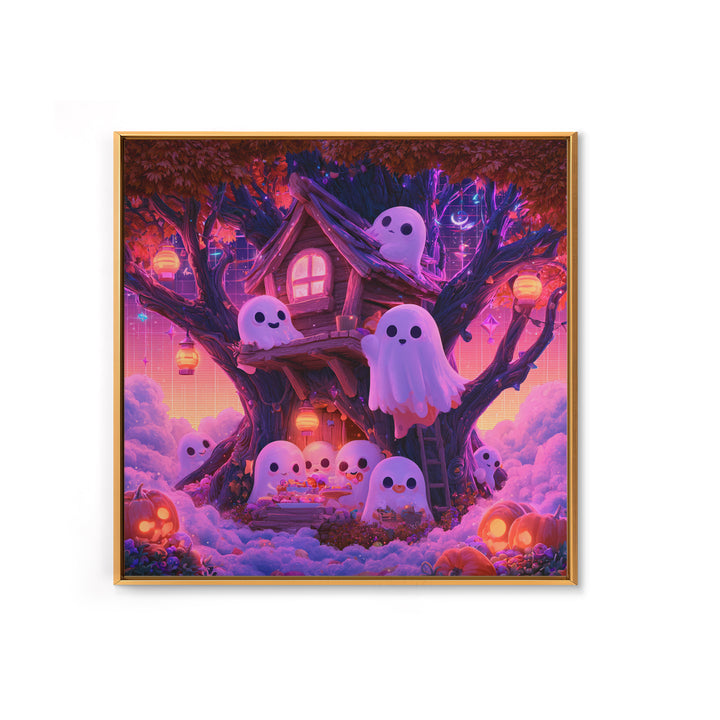 The Ghostly Treehouse, 80s Halloween Wall Art, Square Wall Art, Framed Canvas Print, Retro Halloween Decor, Neon Wall Art