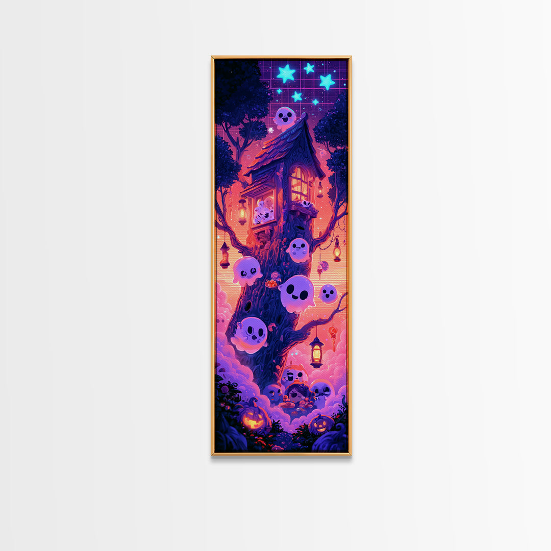 The Ghostly Treehouse, Synthwave Halloween Art, Tall Narrow Wall Art, Canvas Print, Retro Halloween Decor, Neon Wall Art, Macabre Wall Art