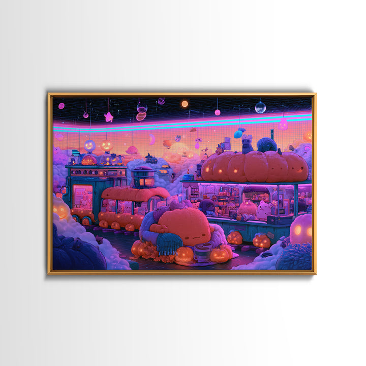 The Pumpkin Train Station, Cute Spooky Neon Art, Landscape Wall Art, Framed Canvas Print, Retro Halloween Decor, Neon Wall Art