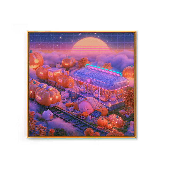 The Pumpkin Train Station, Cute Spooky Neon Art, Square Wall Art, Canvas Print, Retro Halloween Decor, Neon Wall Art, Gothic Home Decor