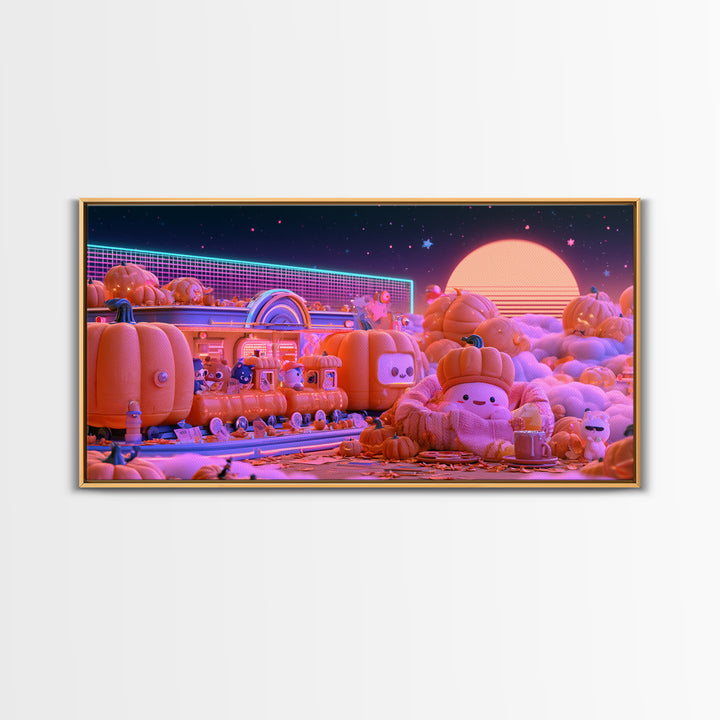 The Pumpkin Train Station, 80s Halloween Wall Art, Wide Panoramic Art, Framed Canvas Print, Retro Halloween Decor, Neon Wall Art