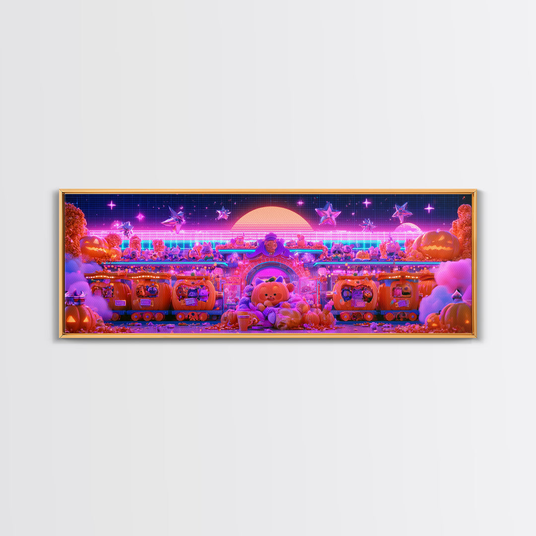 The Pumpkin Train Station, Cute Spooky Neon Art, Extra Wide Wall Art, Framed Canvas Print, Retro Halloween Decor, Neon Wall Art