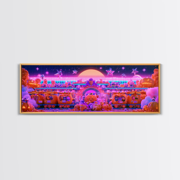 The Pumpkin Train Station, Cute Spooky Neon Art, Extra Wide Wall Art, Framed Canvas Print, Retro Halloween Decor, Neon Wall Art