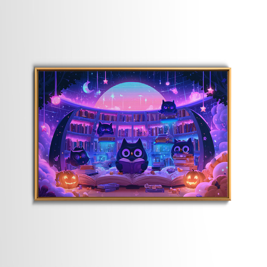 The Moonbeam Library, Synthwave Halloween Art, Landscape Wall Art, Canvas Print, Retro Halloween Decor, Neon Wall Art, Horror Wall Art